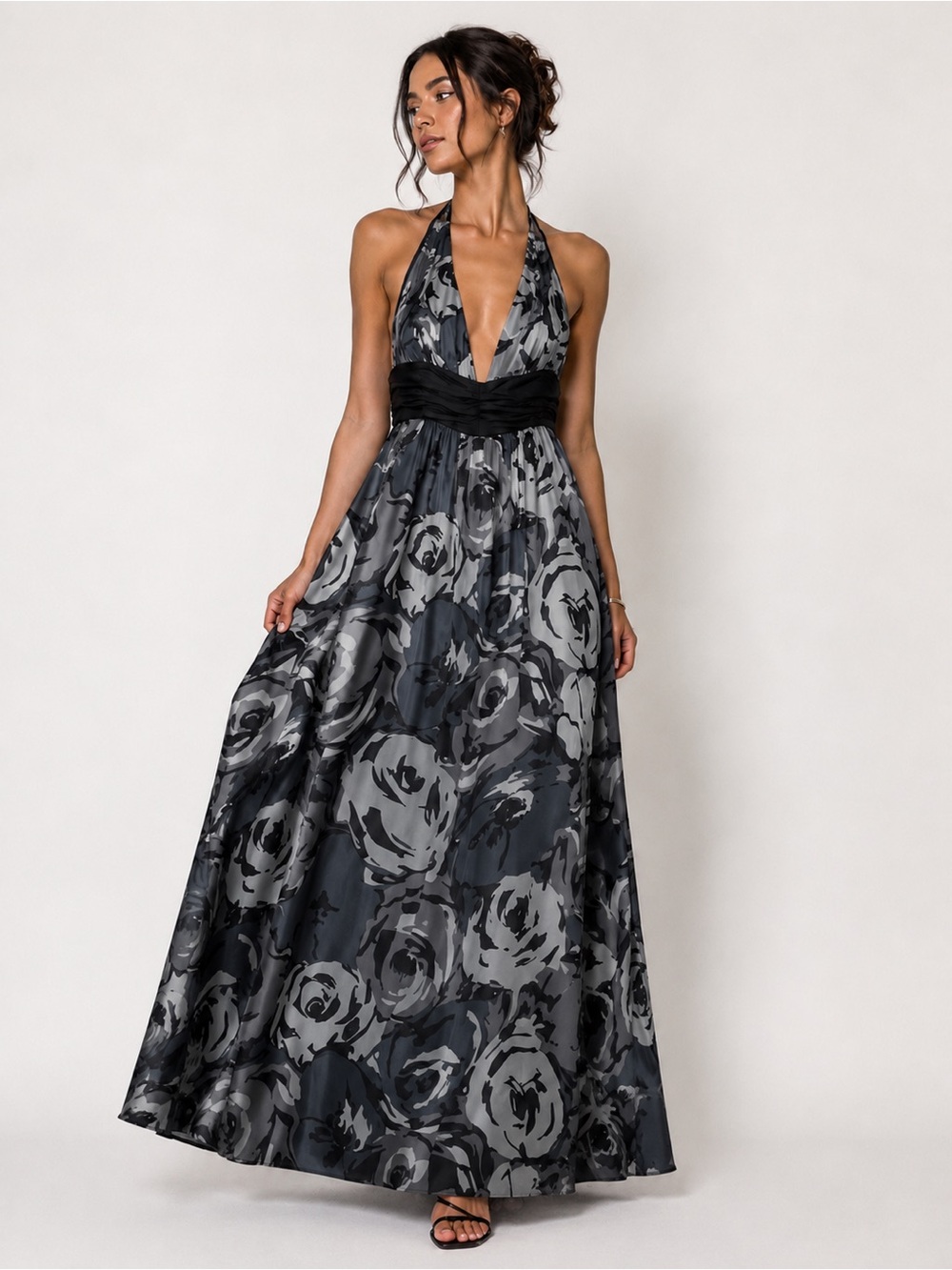 Ann Taylor-SILK Halter Maxi Dress Gray Floral Rose Print Ruched Empire Waist